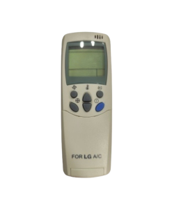 Handheld electronic device with a small green backlit display and a keypad of buttons, including blue and black controls