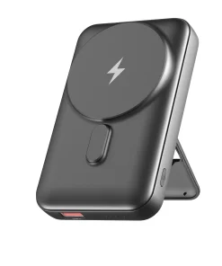 A black magnetic wireless charger is shown against a white background. The charger is upright with a kickstand