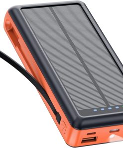 Full image of solar power bank with orange trim and black casings. The power bank features a solar panel on its surface and indicator lights at the bottom, with 2 built-in cables shown.