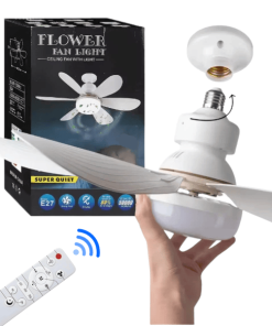 a hand holding the white ceiling fan light showing them about to screw the E27 base into place. the box packaging is in the background and the remote control is in the bottom left corner,